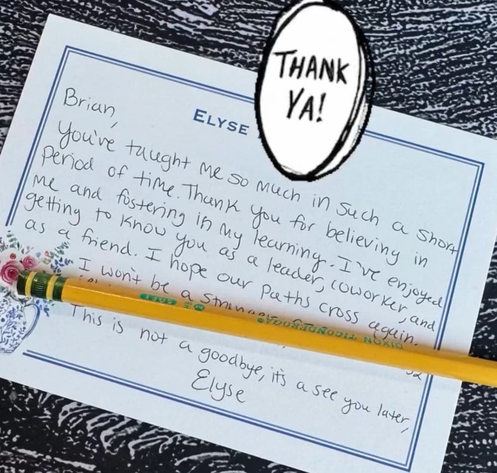Handwritten thank-you note from Elyse to Brian