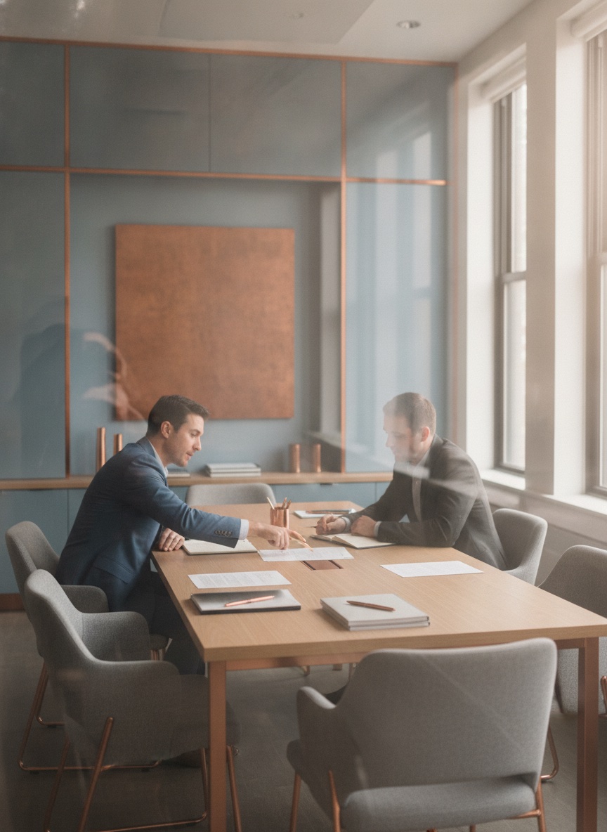 Two Ledger & Oak advisors reviewing financials through glass — copper-accented panels, oak table, morning light