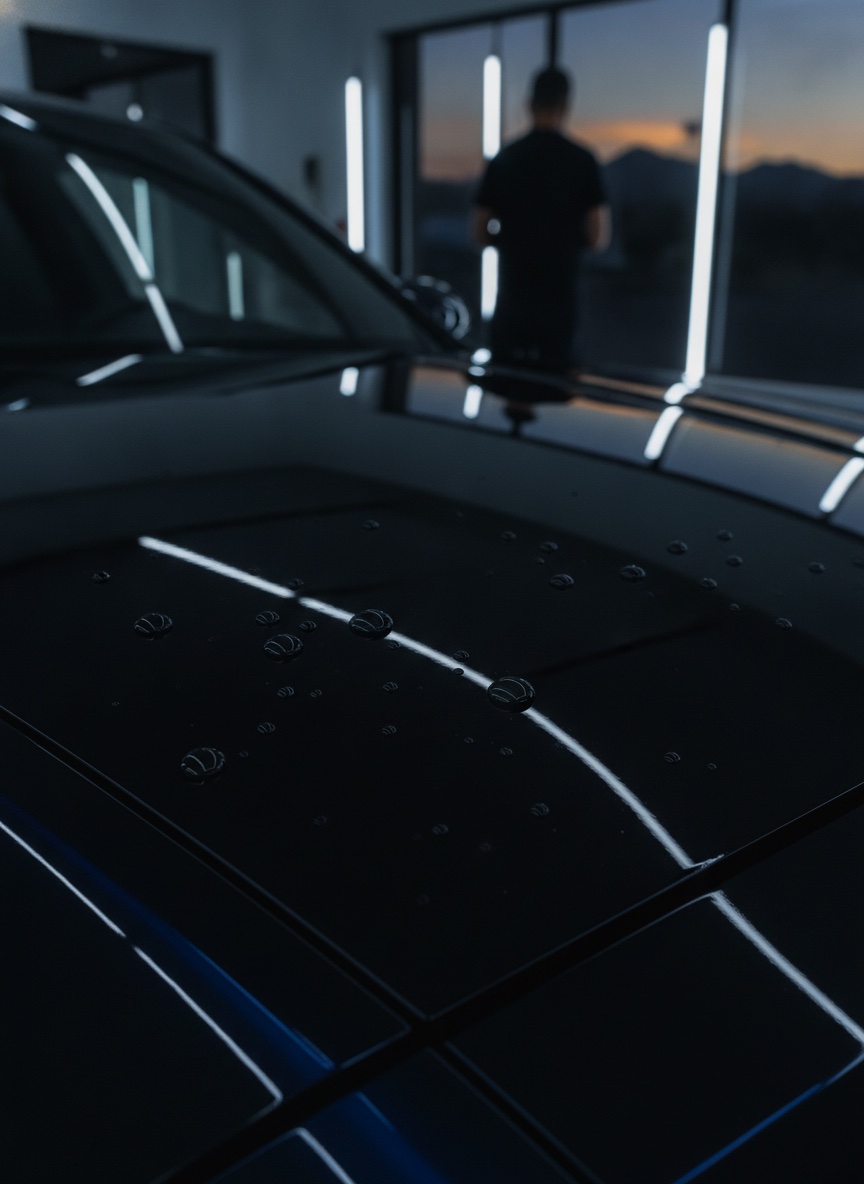 Water beads on a freshly ceramic-coated black surface at the Blackline studio, with a Phoenix sunset visible through the bay window