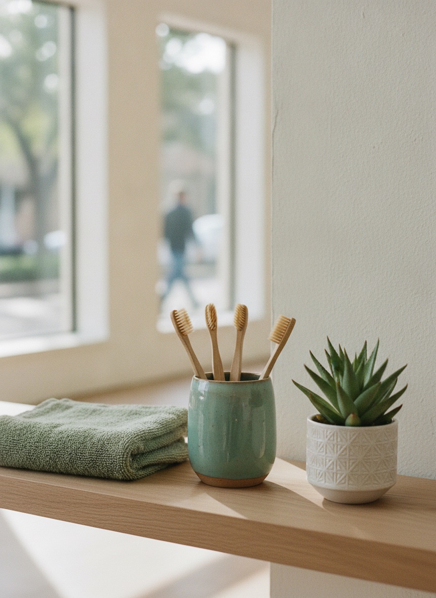 Sunlit shelf at Clearwater Dental Studio — bamboo toothbrushes in a teal ceramic cup, folded sage towel, and a succulent in a white geometric pot