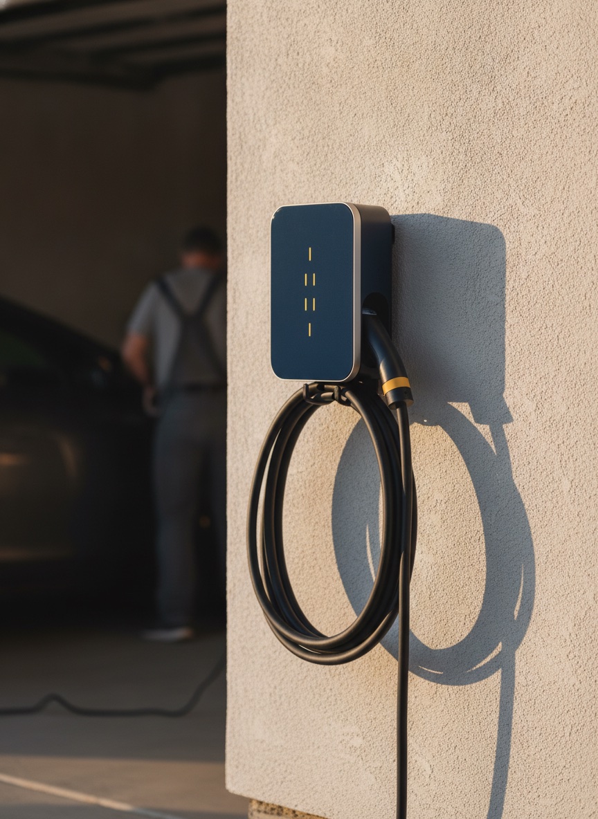 Level 2 EV home charger installed by Beacon Electric Co. on a stucco exterior wall in Boise