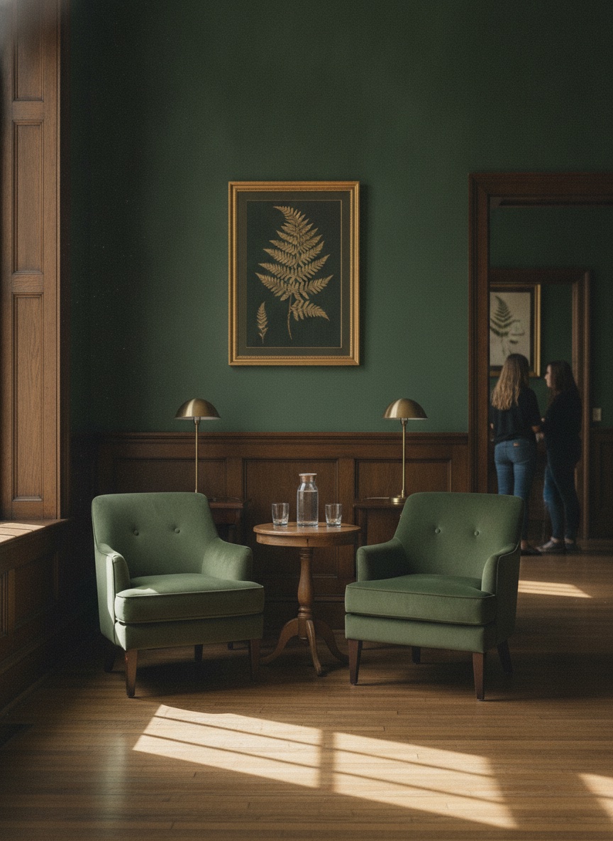 Private consultation room at Hartwell Family Law — green velvet armchairs, brass lamps, and afternoon light on hardwood floors