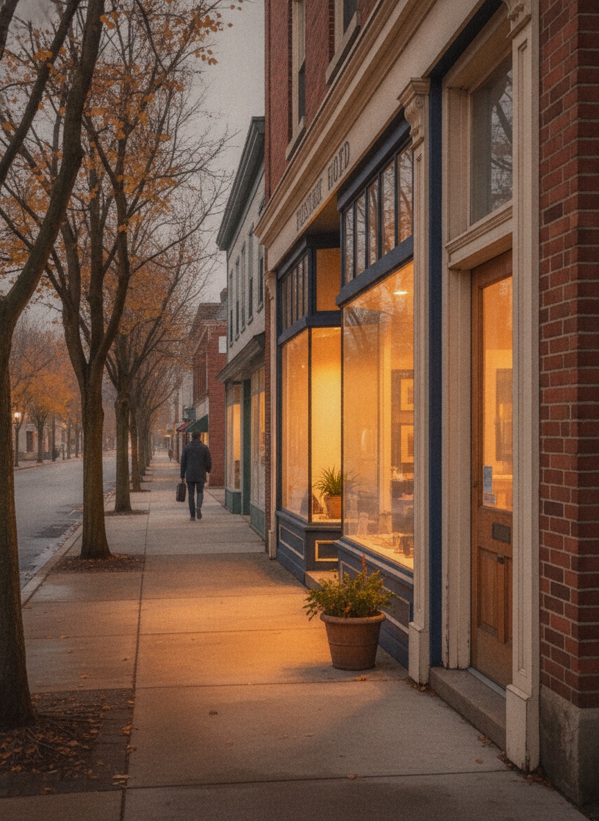 Main Street storefront at dusk in Central New York — warm office light glowing through windows on a quiet autumn evening
