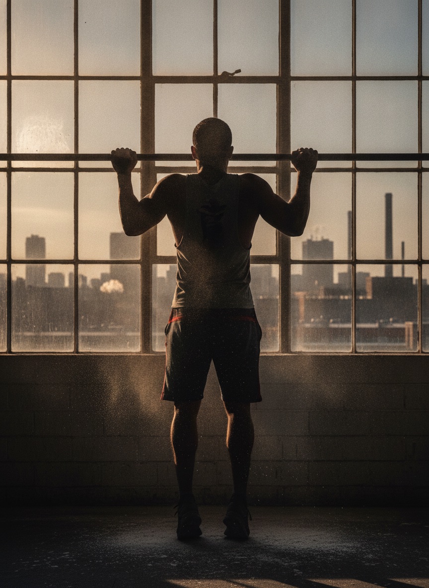 Forge member at the pull-up bar — silhouetted against an industrial grid window, city skyline behind, chalk dust catching the light