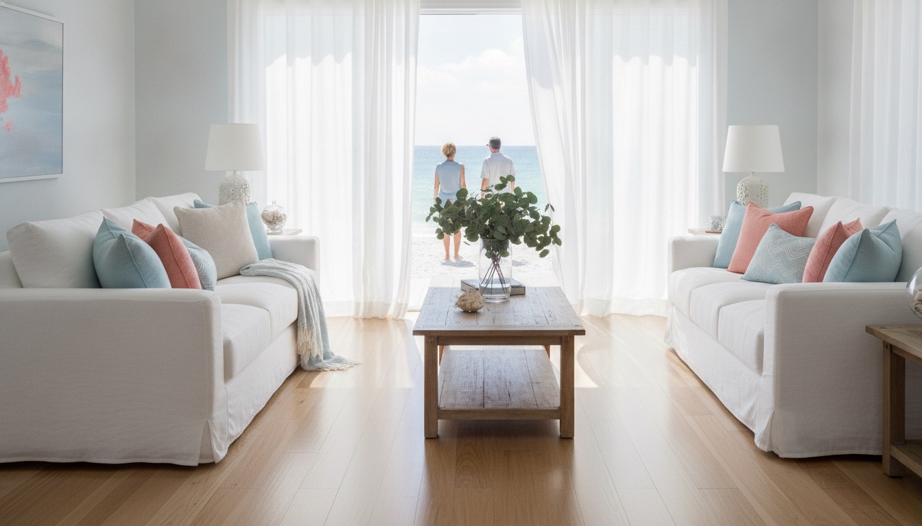 Bright coastal living room with white sofas, ocean view beyond sheer curtains — a Fresh Nest Cleaning client home in Tampa