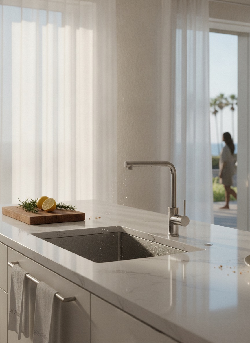 Sparkling marble kitchen counter with stainless sink — the level of detail Fresh Nest Cleaning delivers on every visit