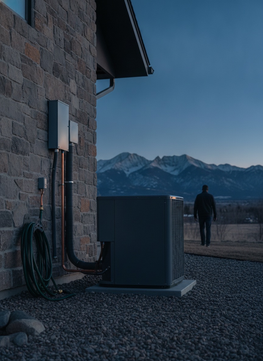 Heat pump unit installed on the exterior of a Colorado stone home at dusk, mountains visible in the background