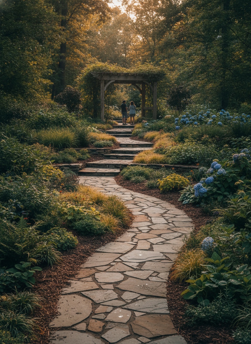 Flagstone path winding through blue hydrangeas and ornamental grasses toward a vine-covered pergola at golden hour