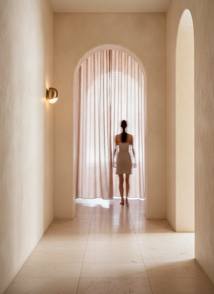 Arched corridor at Lumière with warm plaster walls and linen