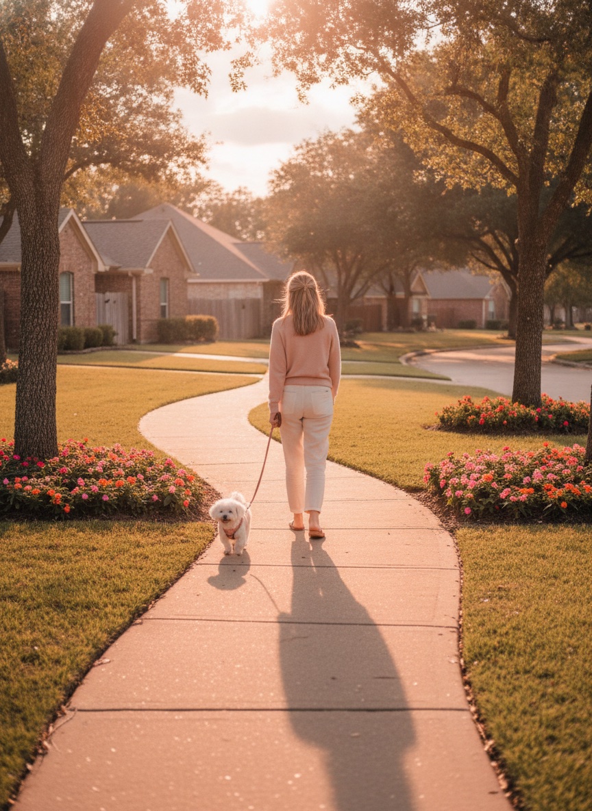 Pet sitter walking a small white dog along a winding neighborhood path at golden hour, surrounded by blooming flowers