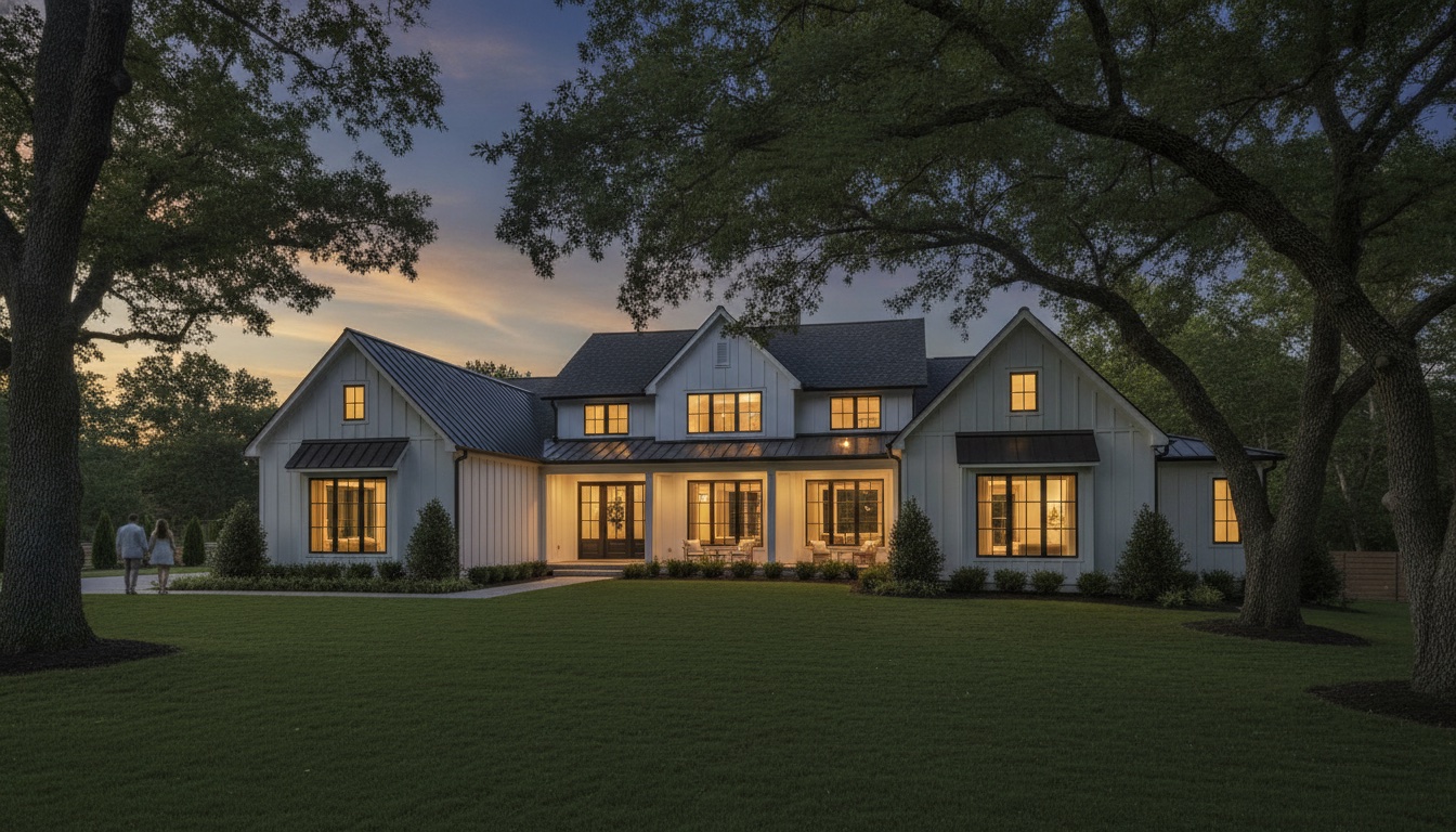 Blue-hour exterior of a white modern farmhouse with warm glowing windows, framed by mature oak trees against a twilight sky