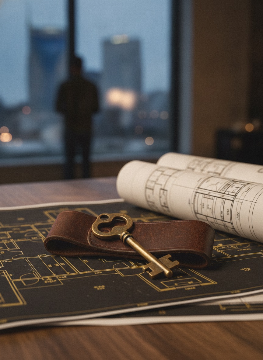 Brass skeleton key on architectural floor plans with a city skyline silhouetted through the evening window