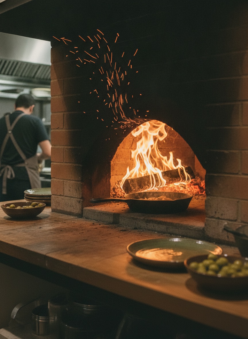 Wood-fired oven at Olive & Ember — flames leaping inside the brick arch, sparks rising, chef working in the open kitchen behind the hearth