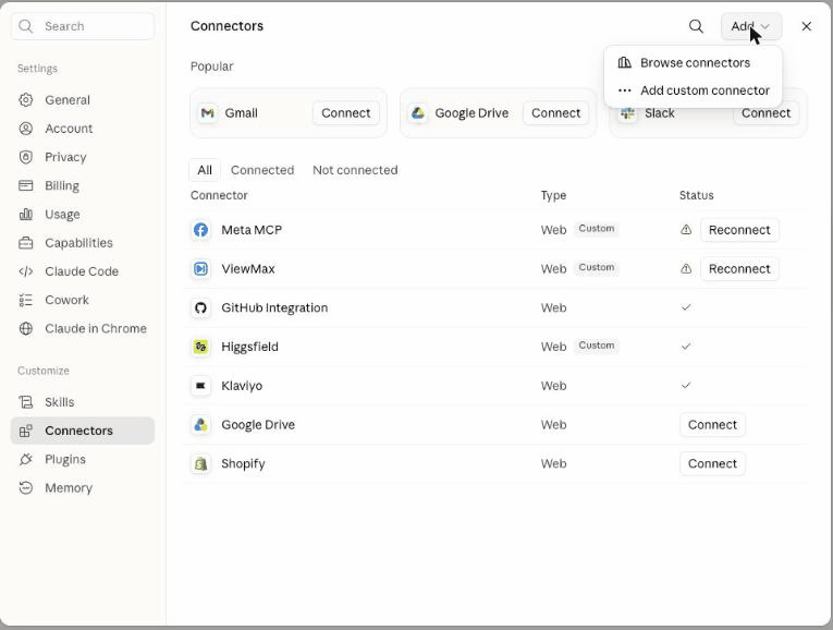 The Connectors screen — Add, then Add custom connector