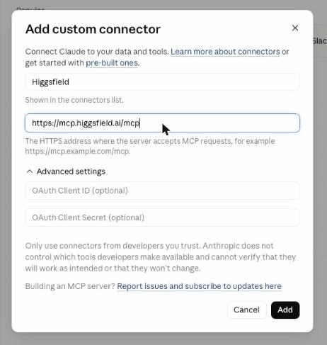 The Add custom connector dialog, filled in exactly as you should