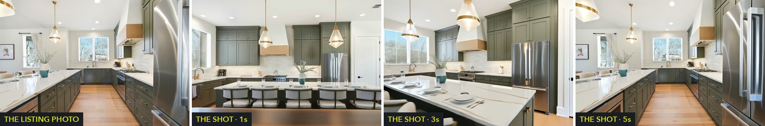 One listing photo in, one flowing camera move out — real frames from a kitchen travel shot