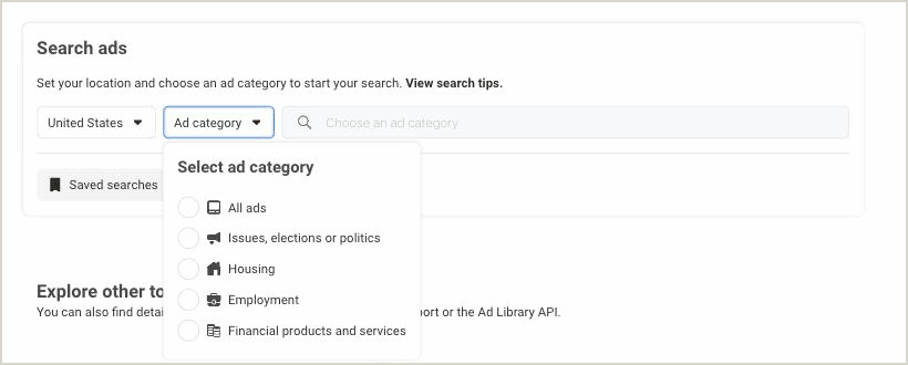 Meta Ad Library — the Ad category dropdown with All ads selected