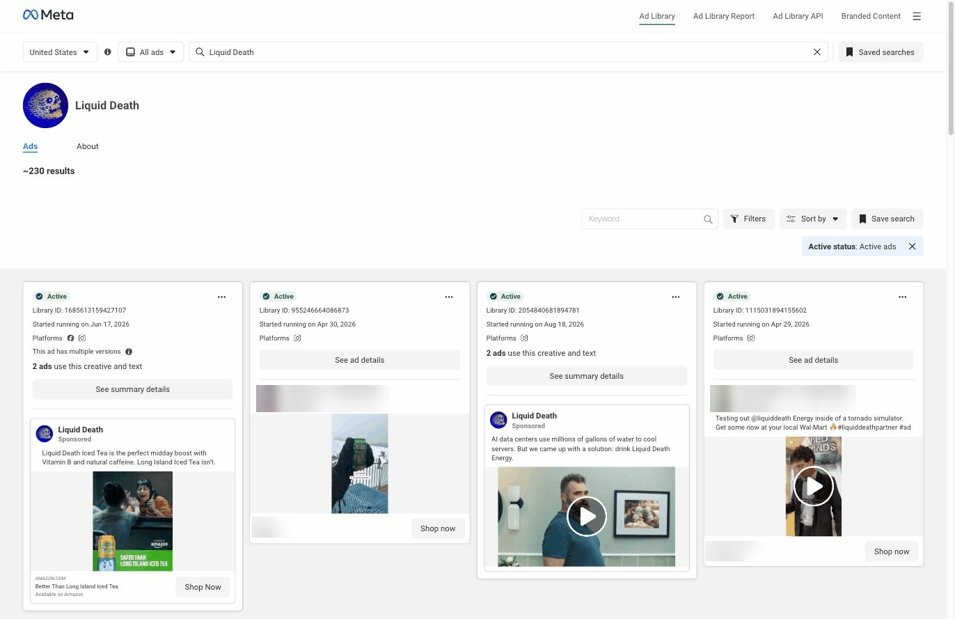 An advertiser's page in the Ad Library — every active ad with a result count